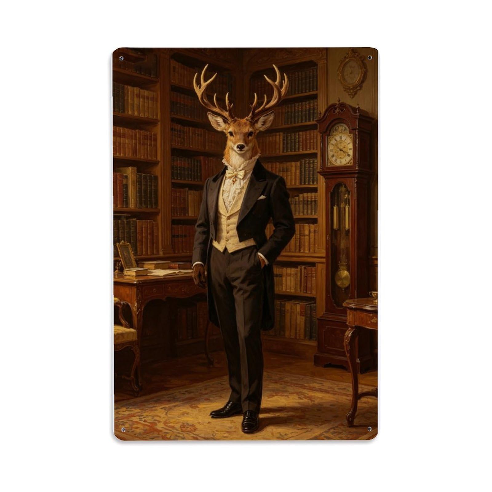 Victorian Mr. Deer Portrait in Library Vintage Aluminium Metal Sign, Retro Wall Decor for Home, Bar, Garage & Farmhouse 30x20cm