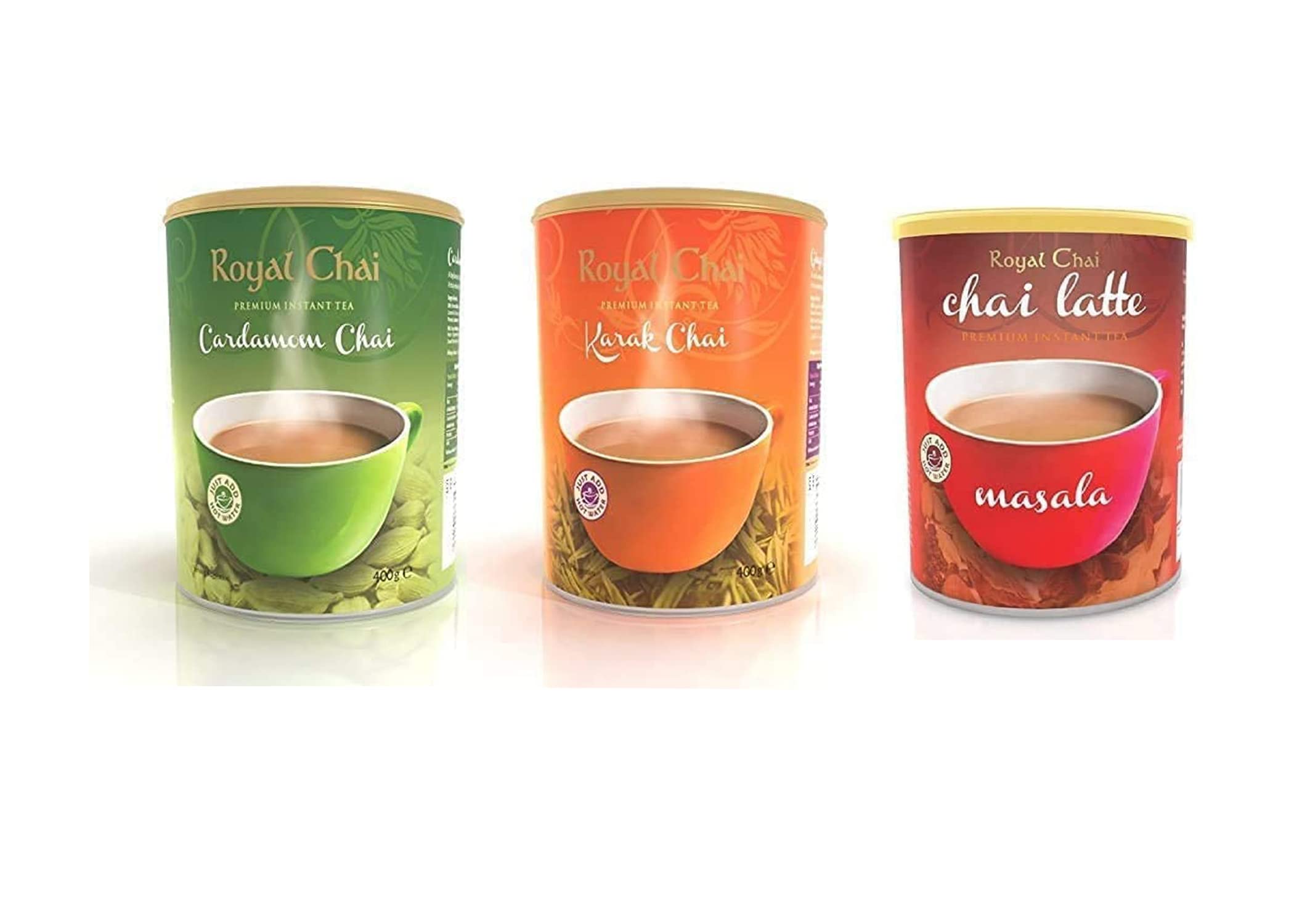Royal Chai Assorted Cardamom (Elachi) Unsweetened 400g, Karak unsweetened 400g and Masala Unsweetened 400g Tubs- 3 Flavors Instant natural Tea - Ideal as a Gift