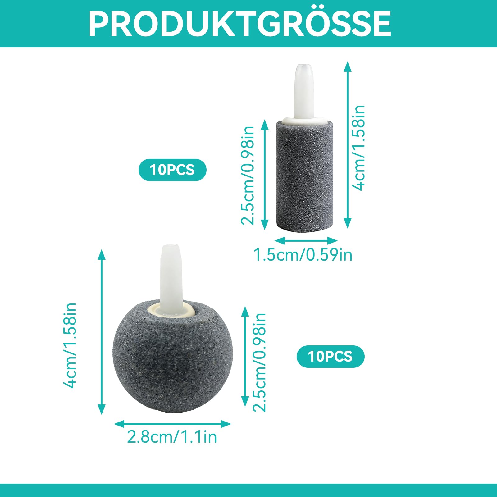 20 Stück Aquarium Luftstein Sauerstoffsteinscheibe Zylinderförmig und Kugelförmig Form des Steins Sauerstoff Diffusor für Luftpumpen,Eimer,Hydropnik,Kleine Teiche(15 mm, 28 mm)