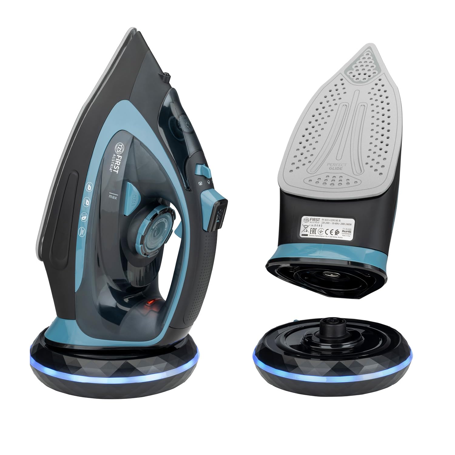 TZS First Austria - Plancha de vapor sin cable con estación 2400W - Con depósito de 450 ml, sistema antigoteo, temperatura e intensidad regulable y suela de cerámica - Con vapor vertical