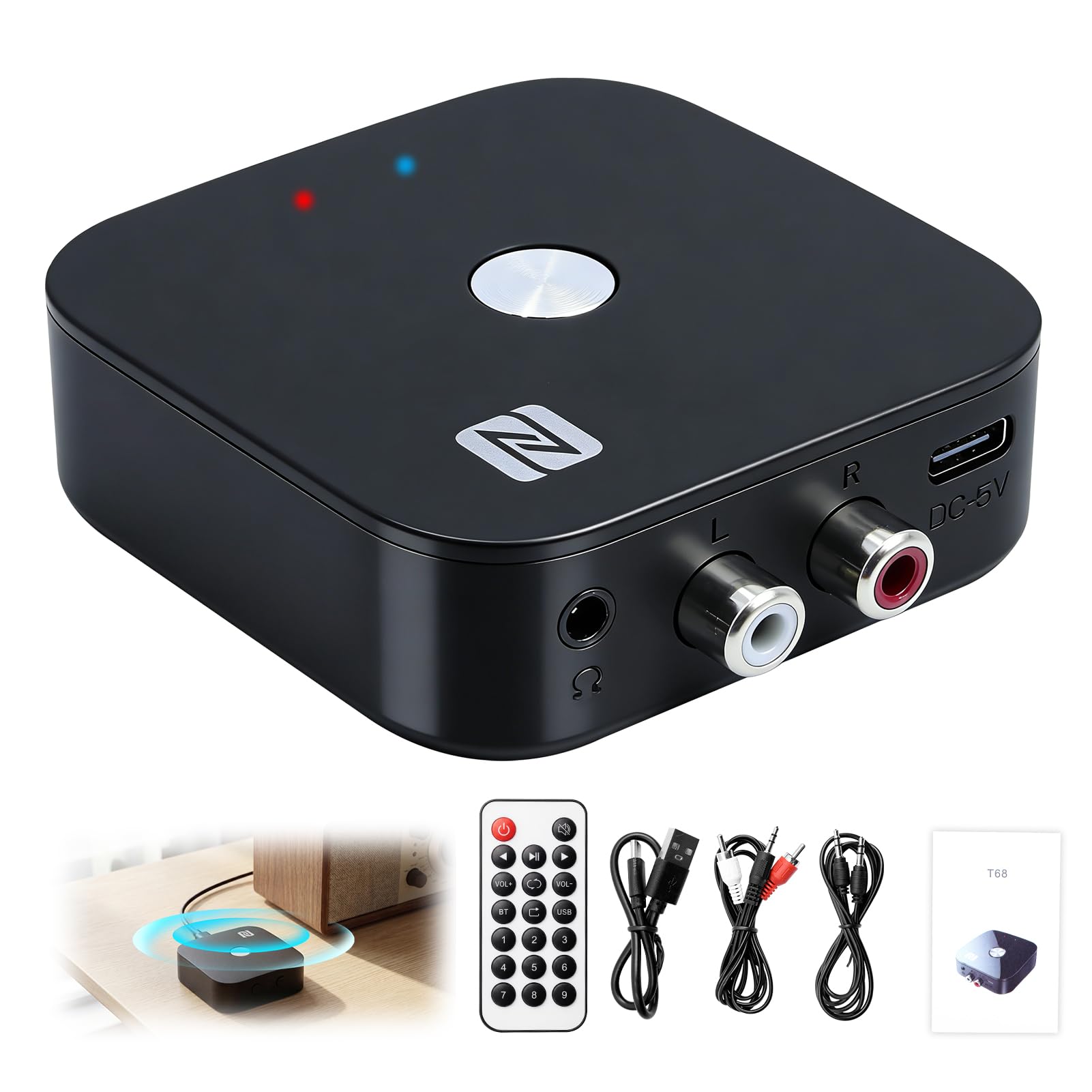 Bluetooth 5.3 Audio HiFi Wireless Receiver with RCA Jack 0.3 cm | Bluetooth Adapter with NFC and Low Latency, Compatible with Amplifier, Stereo Speaker, Home and Car, Stable Transmission