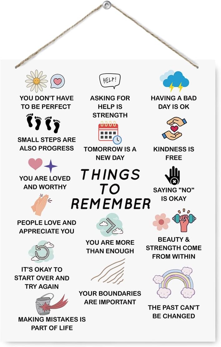 Mental Health Sign, Therapist Office Decor, School Counselor Office Signs, Motivation Poster, Stress And Anxiety Relief, Rustic Hanging Printed Wood Signs, “Things to Remember” 7.8 * 10.2 Inch