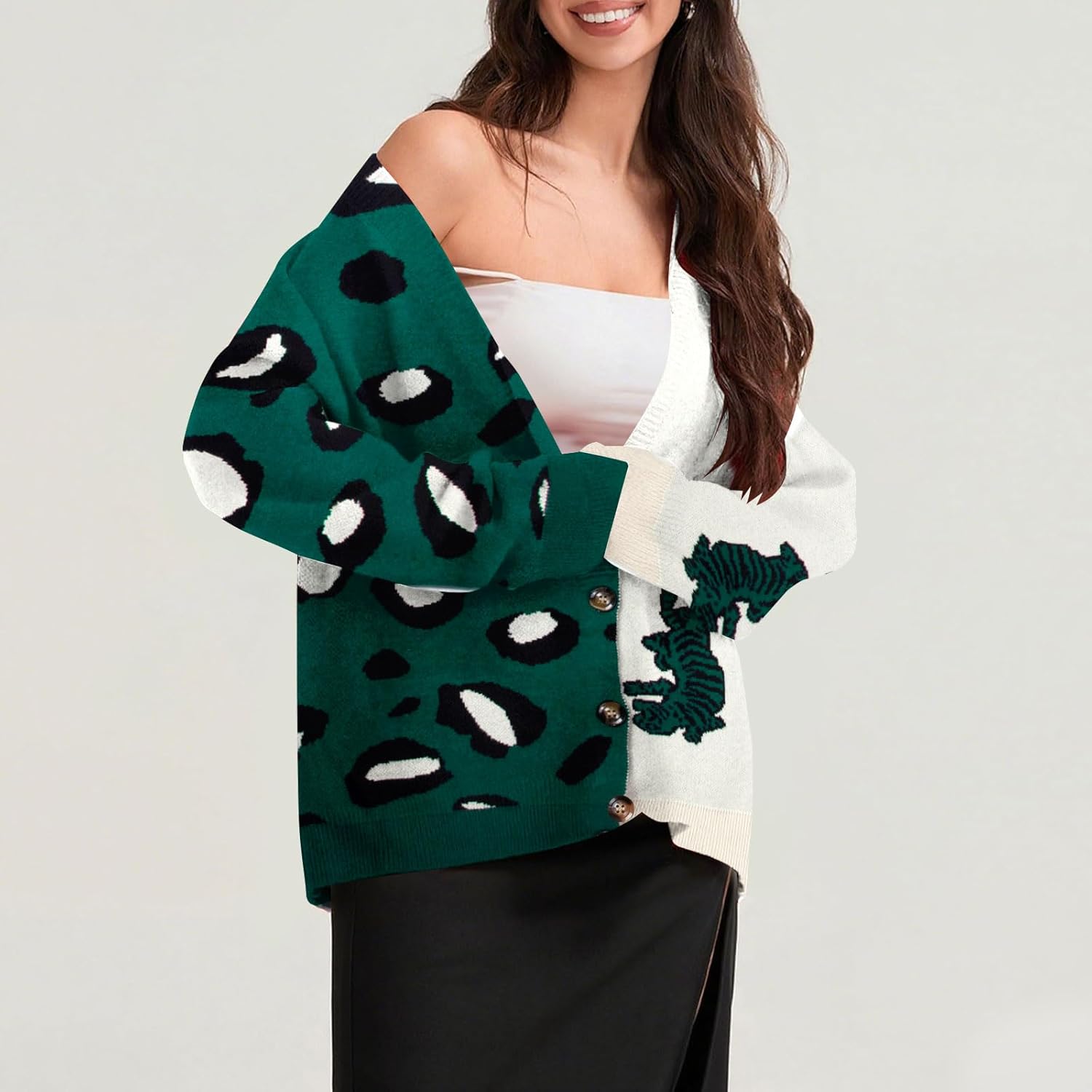 Leopard Tiger Print Cardigan Women: Color Block V Neck Sweater Long Sleeve Animal Print Outfits for Women - Image 4