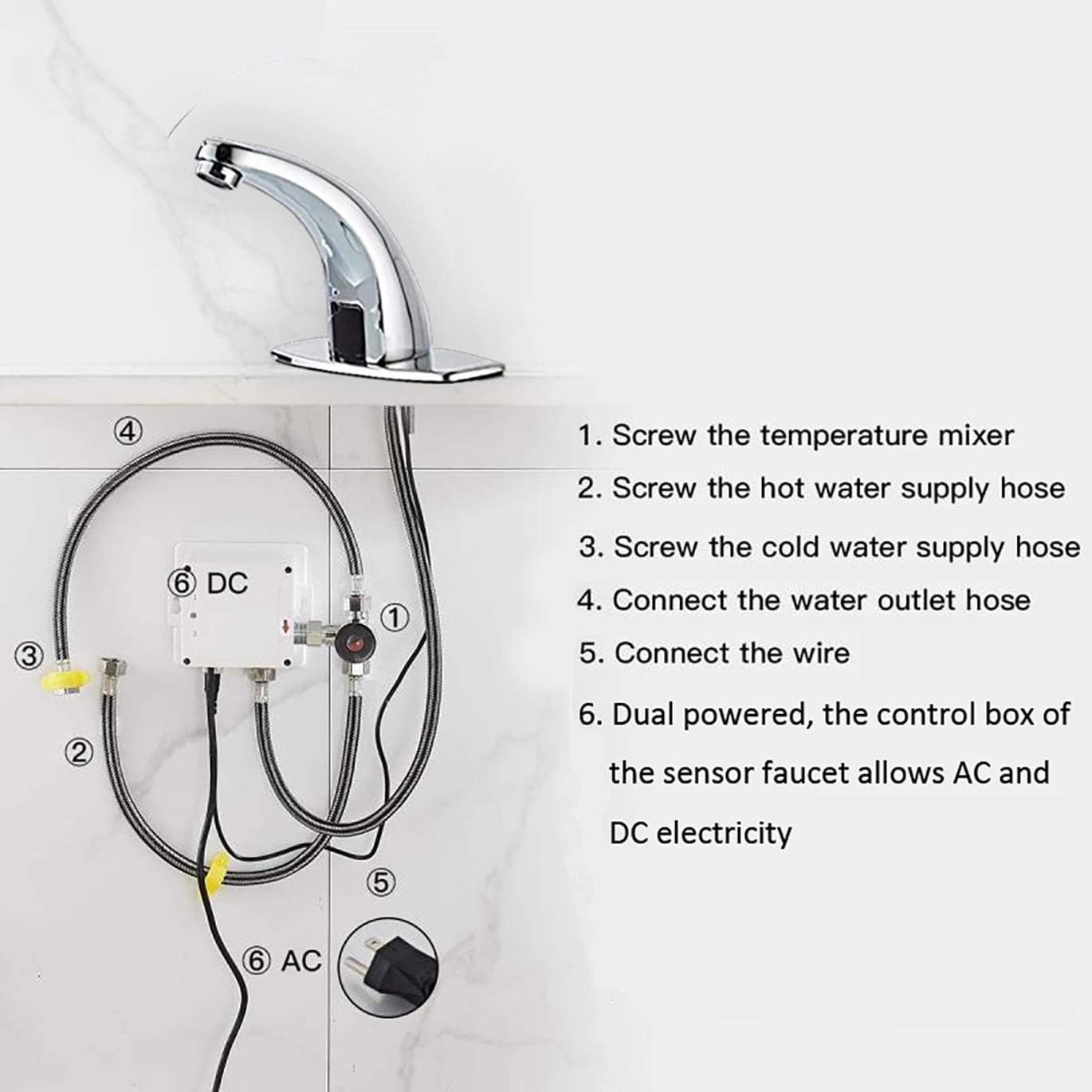 Bathroom Sink Faucet Touchless Temperature Automatic Sensor Commercial Deck Mount Solid Brass Motion Activated Bath Tub Lavatory Basin Vanity Aerator One Hole Brass Mixer Tap Touch-Free Chrome