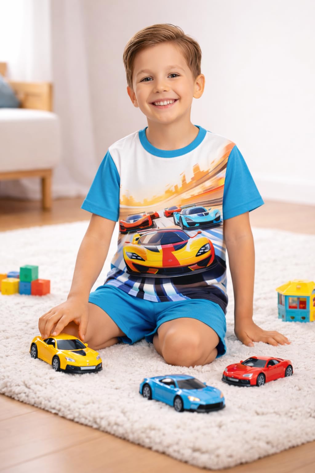 Schlafanzug Junge Kurzarm | 100% Baumwolle | Pyjama Junge Sommer | Nachtwäsche | Pyjama Set | Schlafanzug Kurz | Blau | Zweiteiliger Schlafanzug