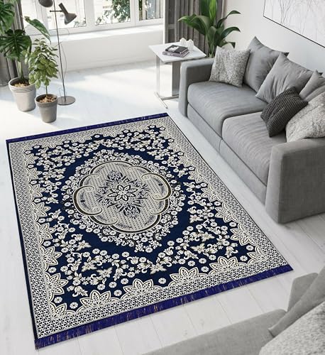 Image of Heavy Fabric Velvet Touch Bedroom, Hall, Living Room, Drowing Room, Yoga Hall Designer Velvet Rectangle Carpet |60 inch Inch X 84 inch Inch | 5 Feet X 7 Feet I 150 Cm X 210 Cm (Navy Blue)
