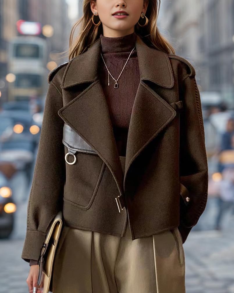 Giacca Invernale da Donna con Risvolto Elegante Giacca Corta in Tweed con Tasca Oversize a Maniche Lunghe Giacca Casual da Ufficio alla Moda