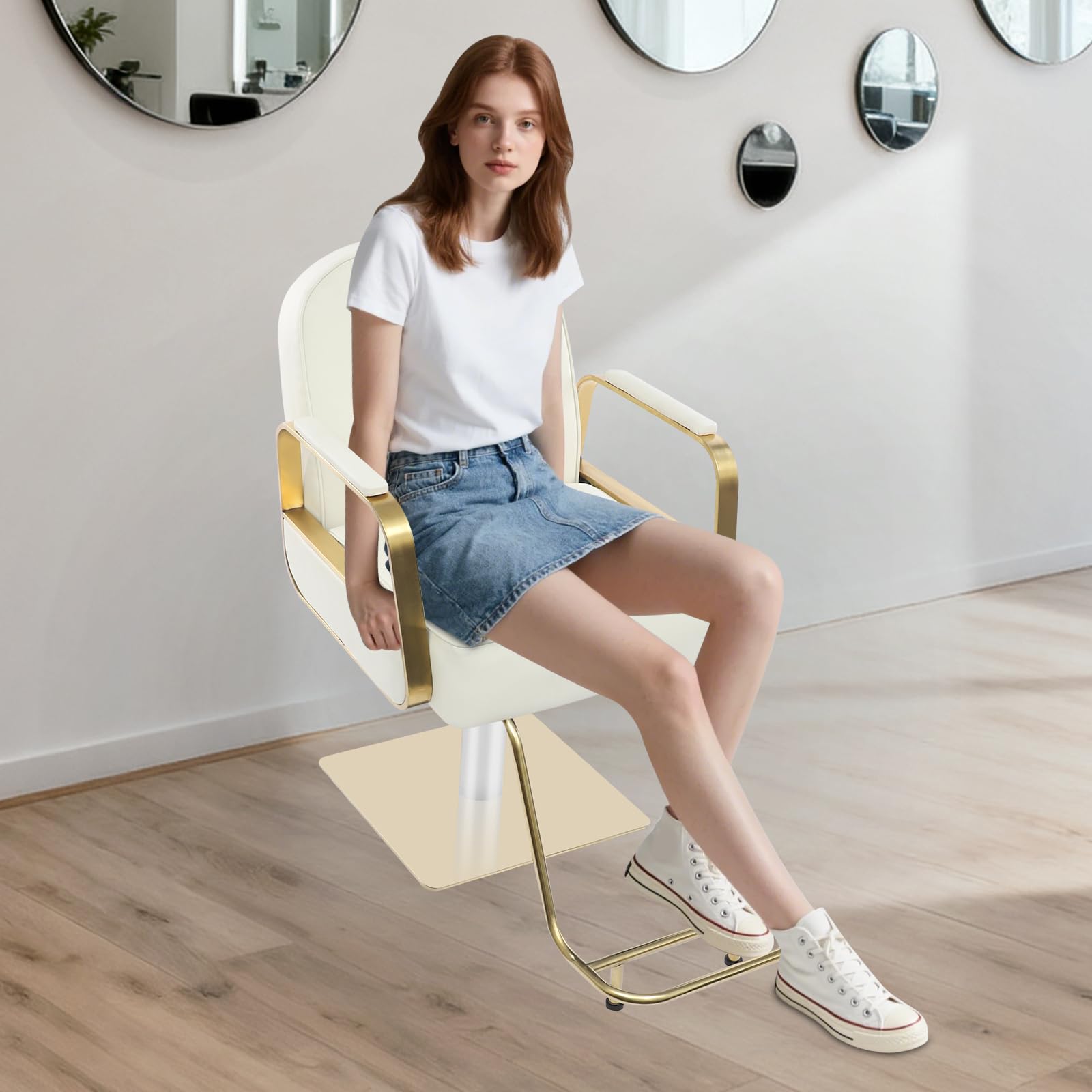 Silla de peluquería con rotación de 360° y bomba hidráulica, hasta 150 kg, silla de peluquería hidráulica para salón de belleza y peluquería (beige)
