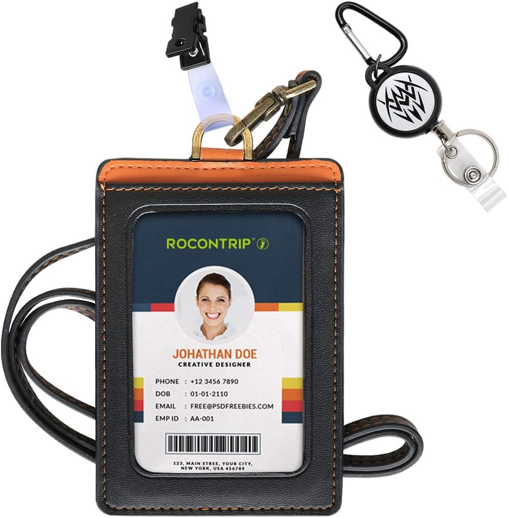 Badge Holder, ROCONTRIP Leather ID Badge Card Holder, RFID Blocking Vertical ID Badge Holder with Neck Lanyard/Strap for Office ID, School ID (Leather) (Black-Brown, Vertical)