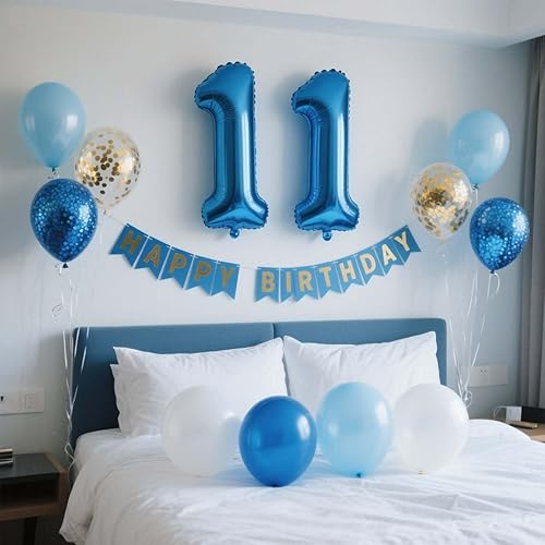 Miniatura 19 de Decoraciones de cumpleaños número 10, color azul para niños y niñas, pancarta de feliz cumpleaños número 10, globos de papel de aluminio de látex