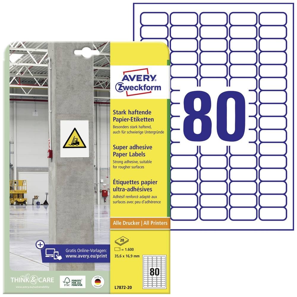 AVERY Zweckform L7872-20 Strong Adhesive Labels (1,600 Stickers, 35.6 x 16.9 mm on A4, Extremely Strong Self-Adhesive, Even for Difficult Surfaces, Printable Power Adhesive Labels), 20 Sheets, White