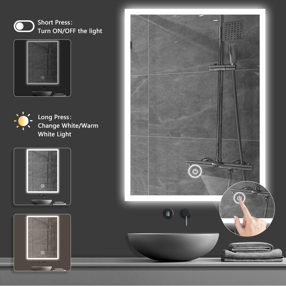 Diagram showing short press for on/off and long press for changing light color from white to warm white on the mirror's touch switch.