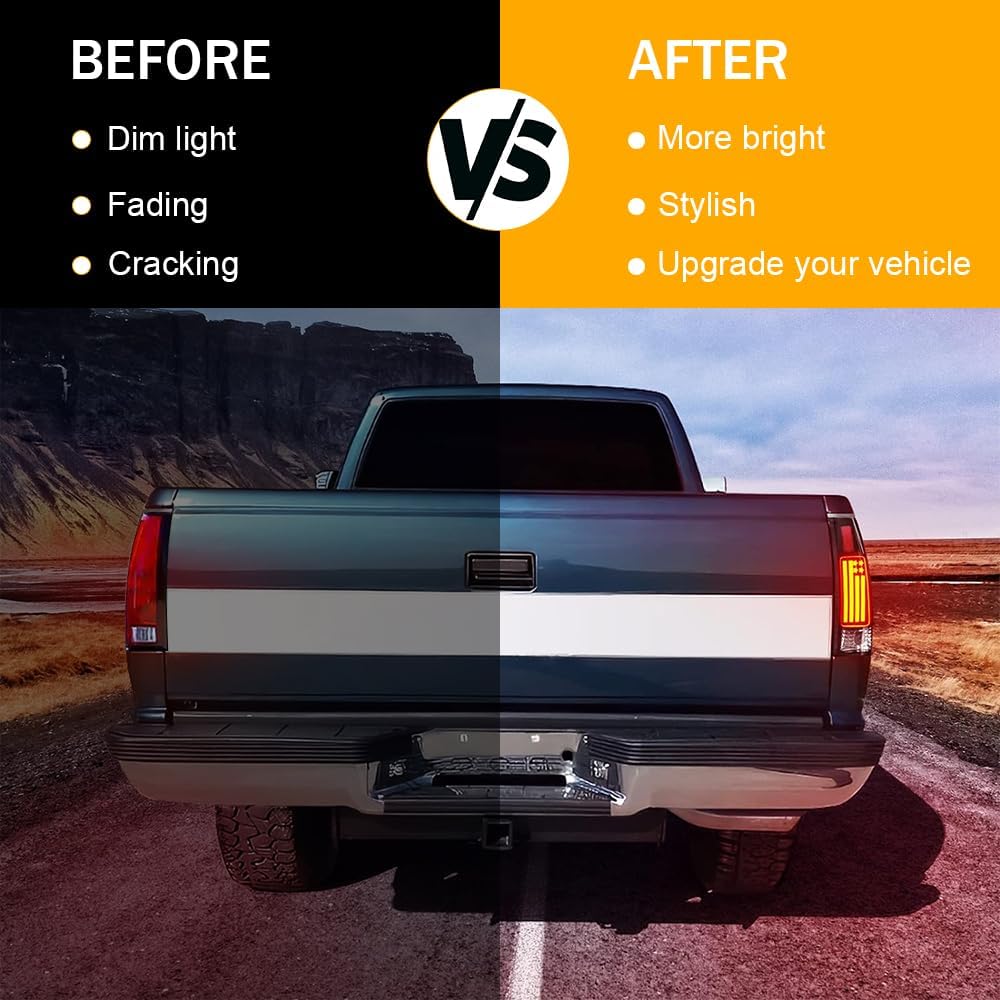 LED Tail Light Compatible with 94-98 Silverado 88-00 Chevy GMC C/K 1500 2500 3500 Suburban, 95-99 Tahoe 92-00 Yukon 99-00 Cadillac Escalade 92-94 Blazer Rear Brake Lamp Taillight Assembly, Smoke Lens