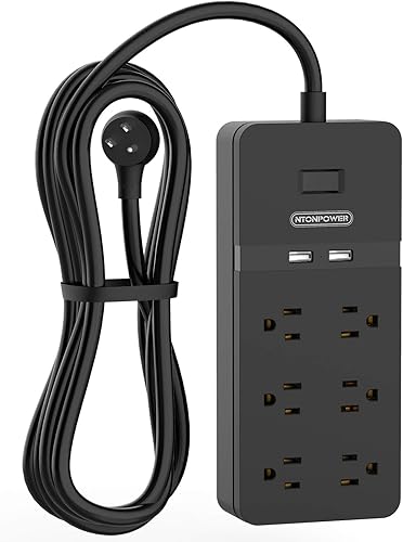 Miniatura 9 de NTONPOWER - Cable de extensión plano de 25 pies, 8 salidas con protector de sobretensiones con puertos USB, disyuntor de 15 A, protector de
