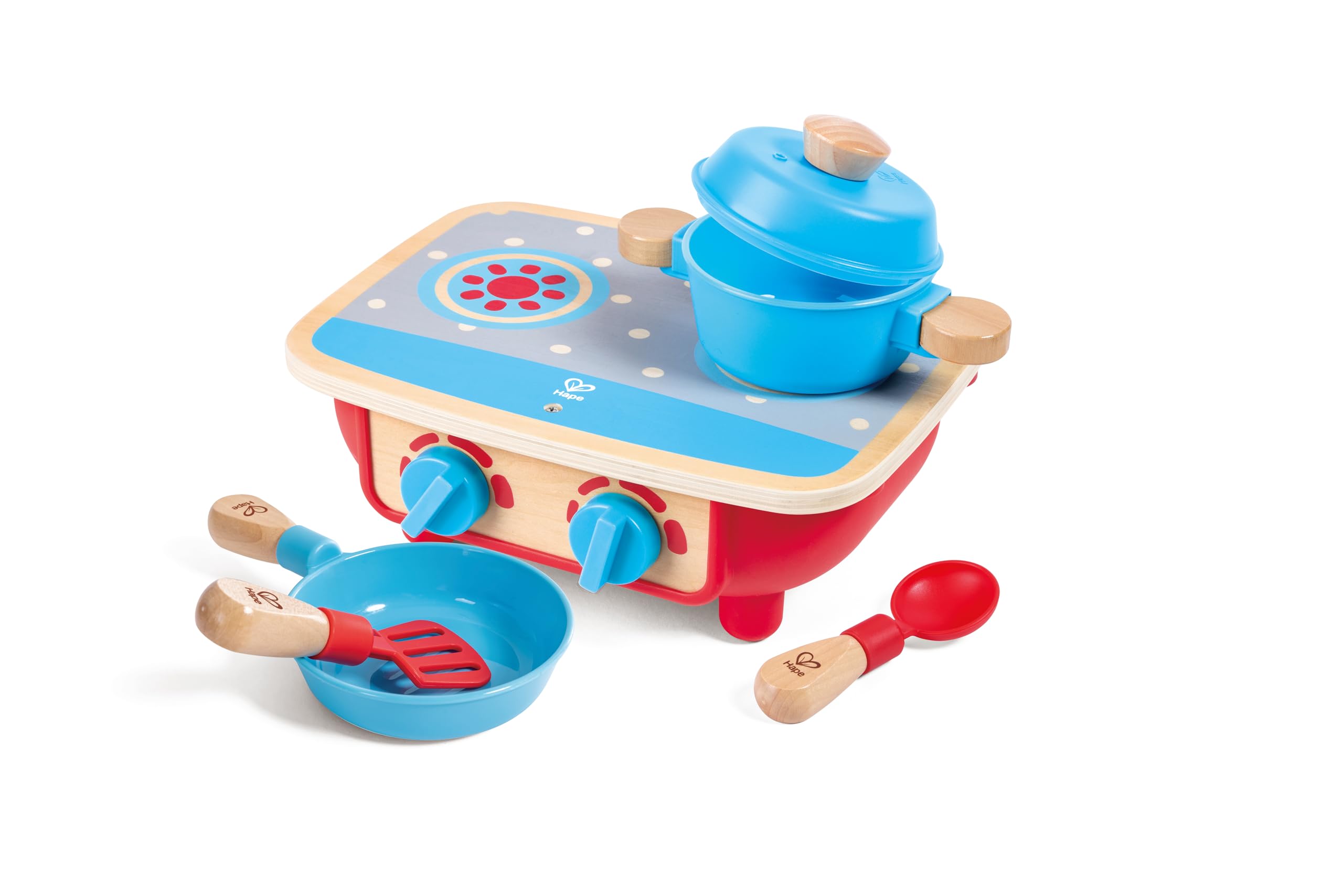 Hape Toddler Kitchen Set – 18M+, Wooden Stove with Pot, Pan, Spoon & Spatula for Pretend Play