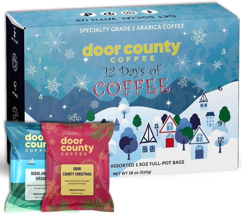 Door County 12 Days of Coffee - 2022 Christmas Coffee Advent Calendar - 12 Full-Pot Bags of Flavored Ground Coffee