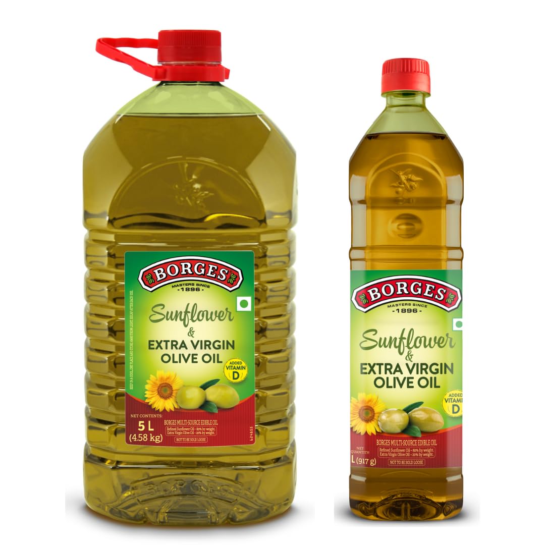 Borges Sunflower and Extra Virgin Olive Oil Super Blend, 5 ltr and 1 ltr Bottles(Combo Pack) | Ideal for Deep frying, Shallow Frying, all types of cuisines with Vitamin D (B0DHCVVFJL) Amazon Price History, Amazon Price Tracker