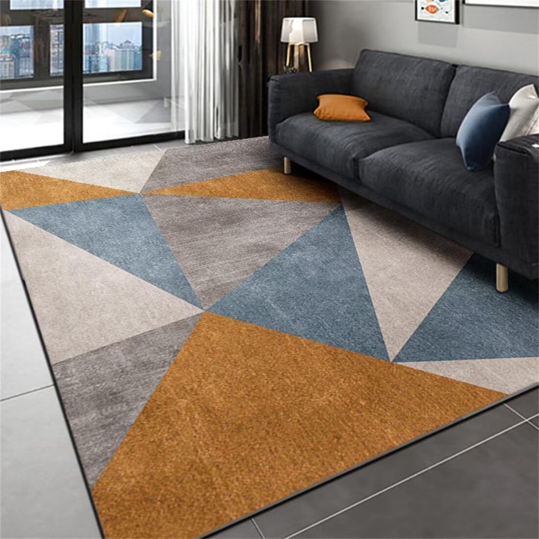 Tapis motif géométrique gris bleu orange 160x230cm style scandinave