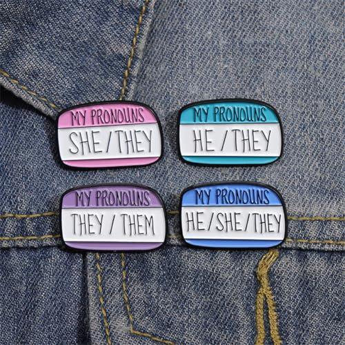 Image of zhanghaoran 4Pcs MY PRONOUNS HE /THEY Enamel Pins Third-Person Pronoun Brooches Lapel Pins Badges Clothes Hat Bags Accessories Jewelry Gift, White