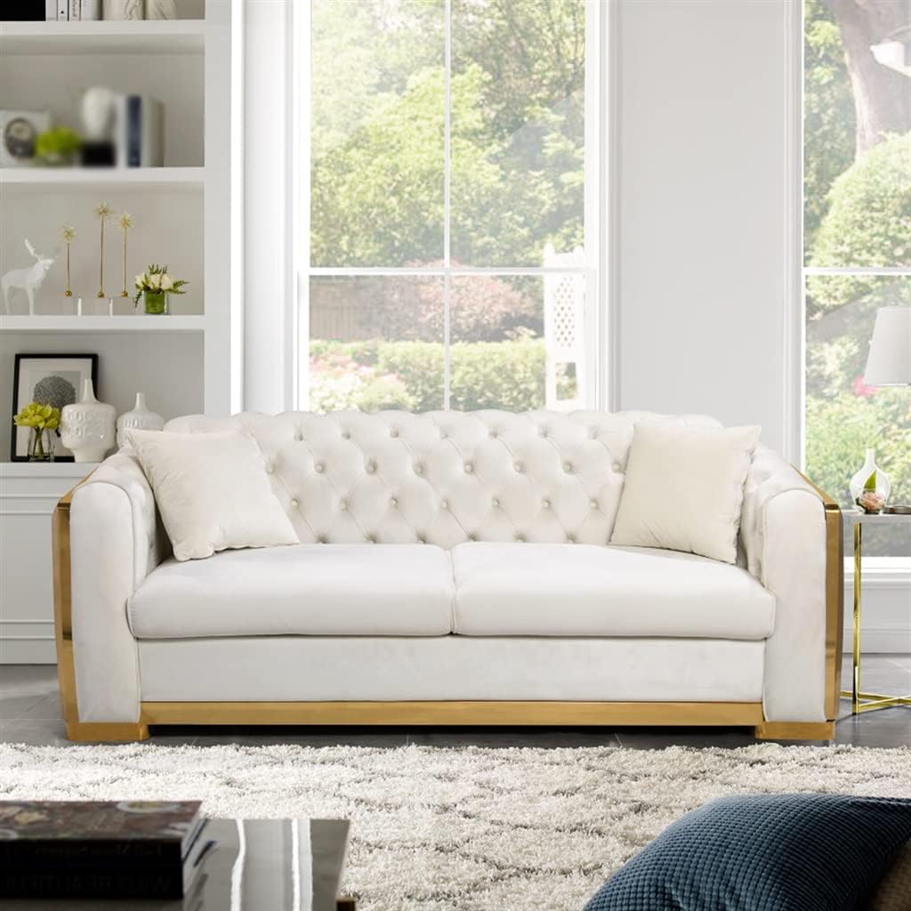 White Button Tufted Velvet Three-seat Sofa Living Room with Metal Legs Home Furniture
