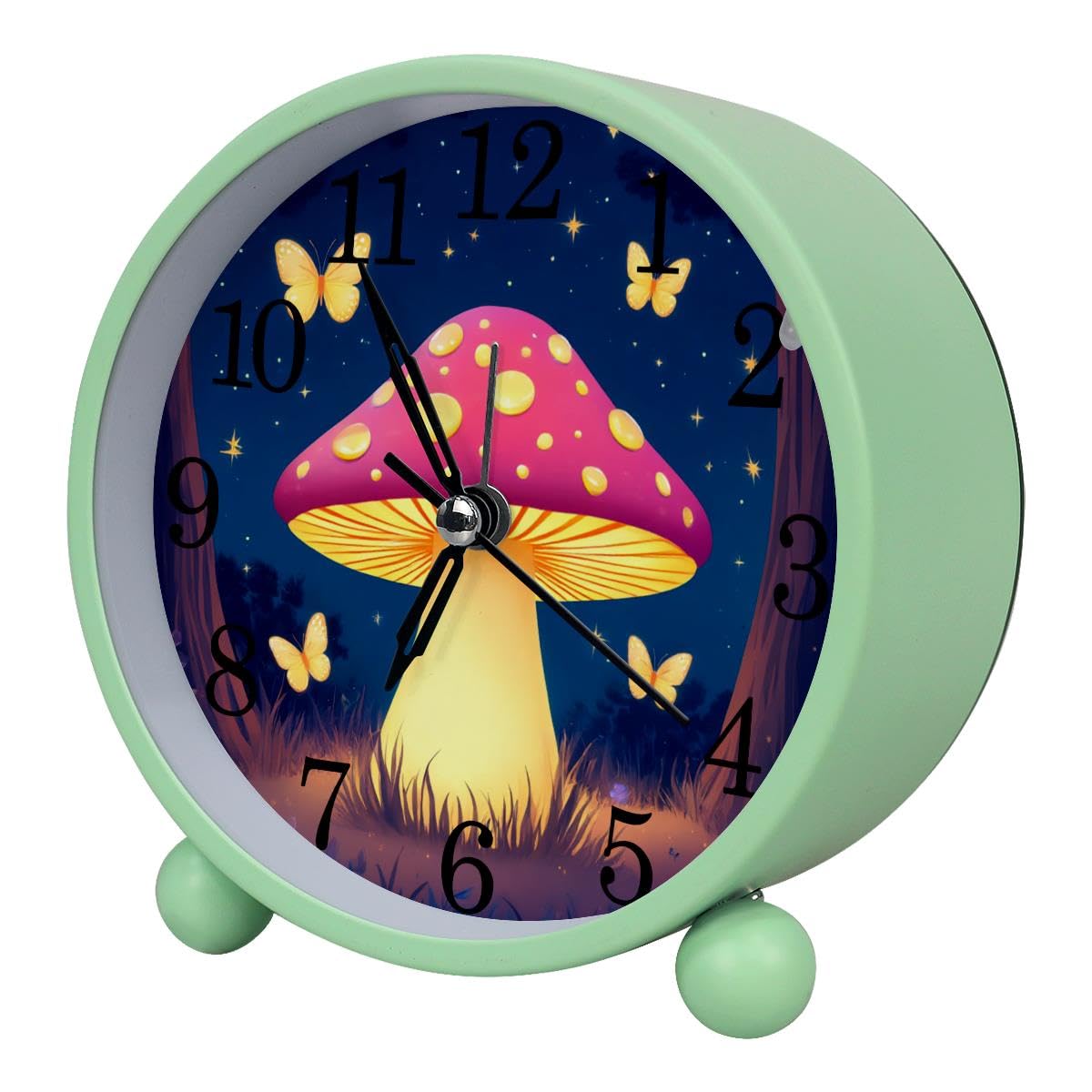 Luoweisi Alarm Clock Cute Mushroom, Silent Non-Ticking with Night Light, Round Metal Alarm Clock for Office, Battery Operated, Bedroom, Elderly, Adults, Children, Student Gifts