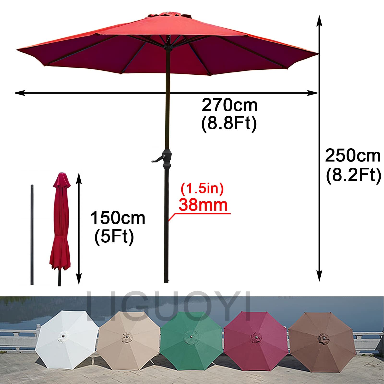LIGUOYI Ogrodowy parasol przeciwsłoneczny na zewnątrz parasol stołowy 25 cm parasol tarasowy z korbą, 8 solidnych żeber, okrągłe parasole bez podstawy, odporny na prysznic, wielokolorowa ochrona przed słońcem, ZIELONY, 270cm