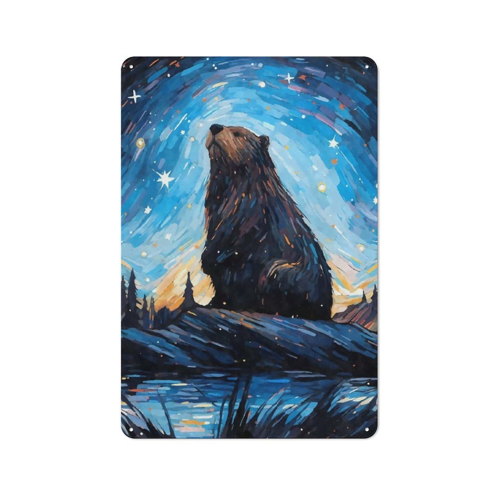 Junmoney Style-19 Beaver Bober Starry Night Tin Wall Plaque 30X20cm, Barn Style Rustic Kitchen Decor For Farmhouse Kitchen, Pantry Or Dining Area