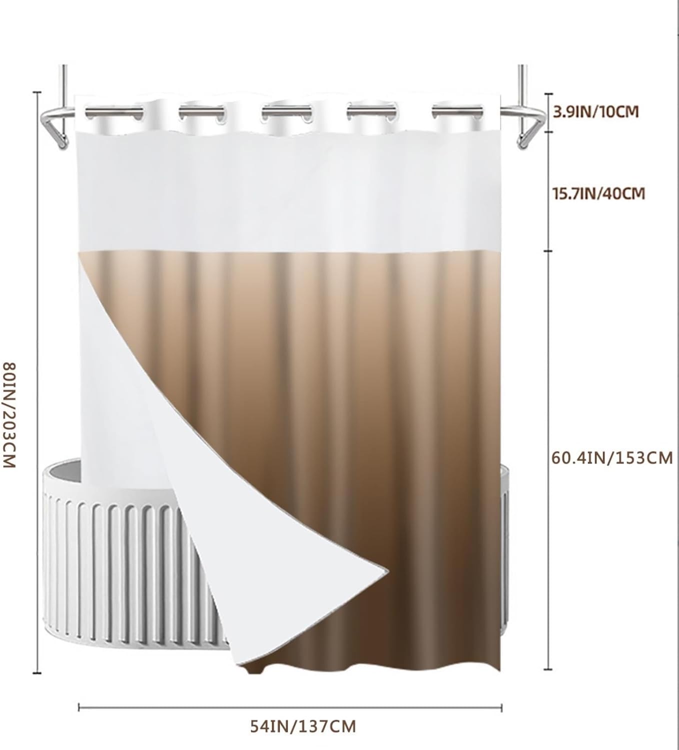 No Hook Shower Curtain with Snap in Liner, Ombre Brown Shower Curtain Fabric Inner Liner with Mesh Top Window, Modern Decor for Home Luxury Hotel Grade Bathroom, Waterproof & Washable, 54x80In