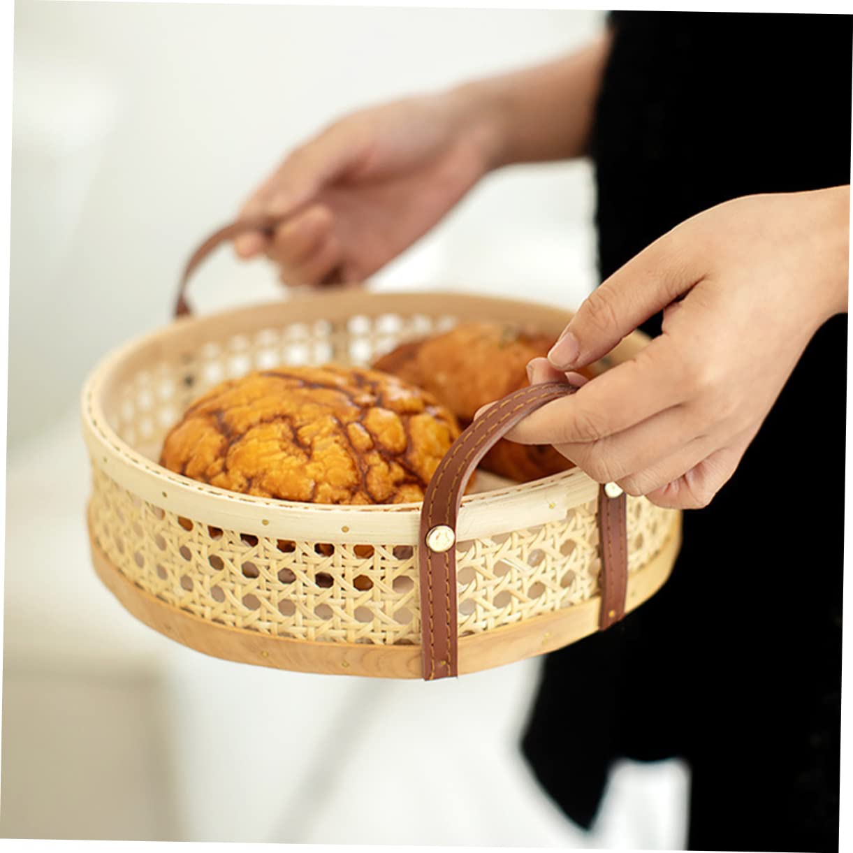 SOLUSTRE Natural Weaving Basket with Double Handles Round Storage Basket for Fruits Snacks and Sundries for Kitchen Bakery and Home Decor Multi Functional and Stylish