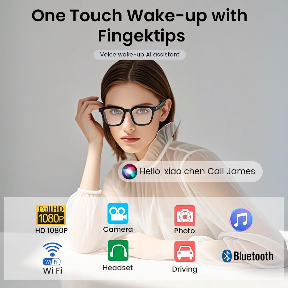 Al Smart Glasses ,1080p HD Camera with Music & Call Features, Ai Bluetooth Glasses for Remote Video Recording, Voice Control,with 32GB Storage for Travel, Sports, Outdoor Use (Anti-Blue Light Lens)