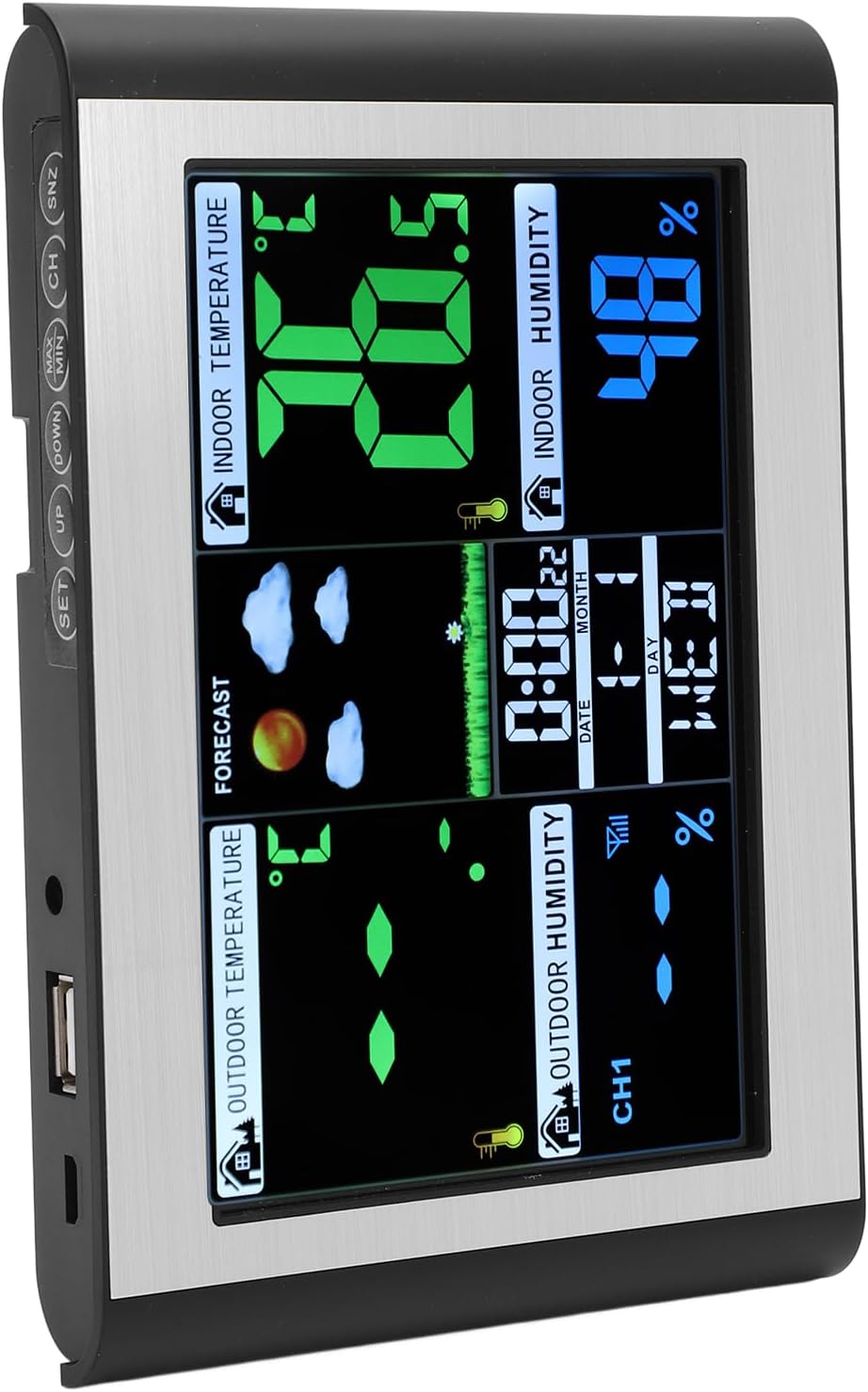 Weather Clock Station, Multi Function Buttons Color Screen Digital Display with Weather Forecast Indoor Outdoor Temperature Humidity Monitor, for Home Office Use