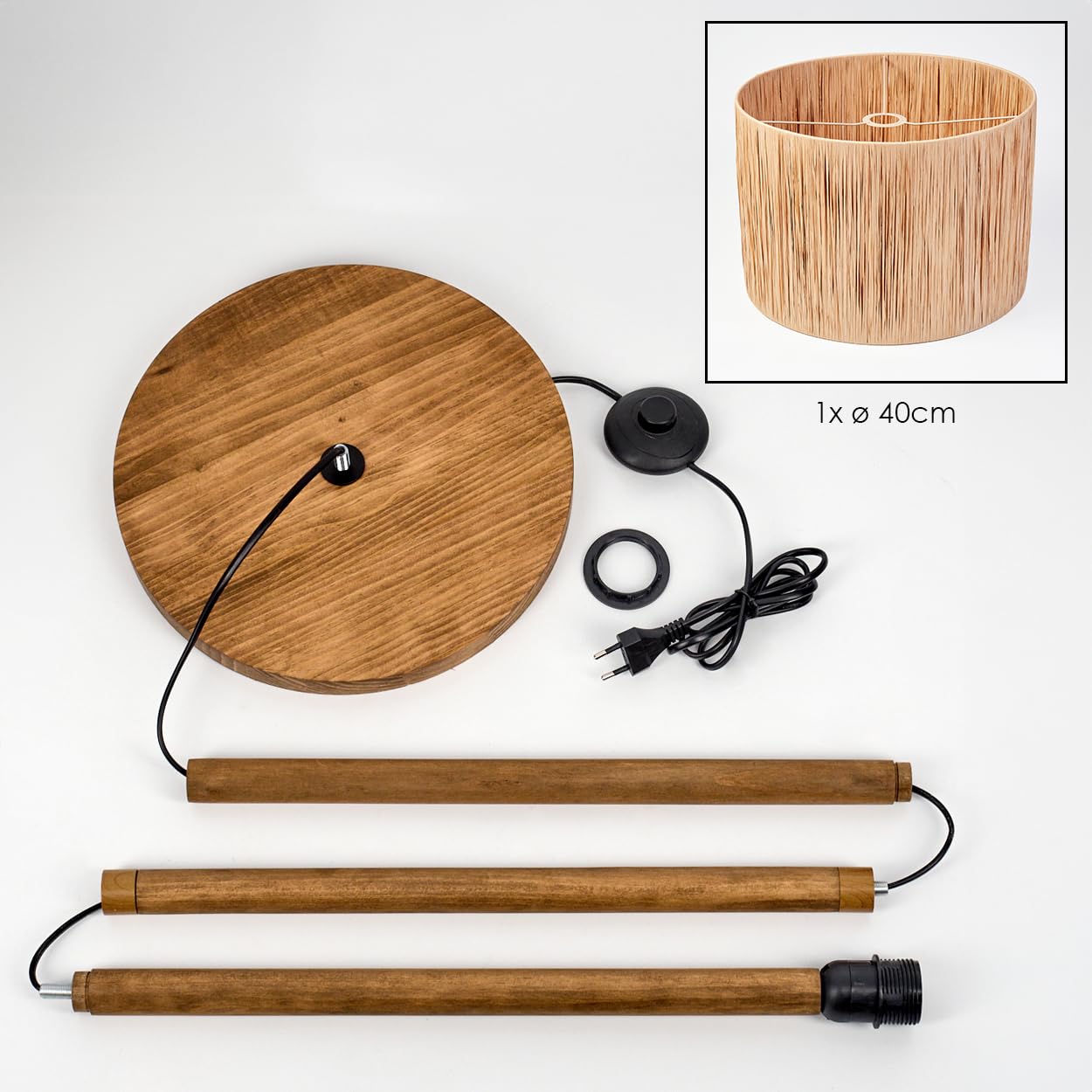 Stehleuchte Granja, Stehlampe aus Holz/Bast in Naturfarben, Leuchte im skandinavisch/modernen Design (Ø 40 cm), Höhe 165 cm, Fußschalter, 1 x E27, ohne Leuchtmittel