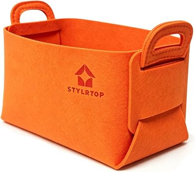 Felt Storage Bin, Collapsible Felt Basket with Handles for Shelves, Closet, Desk, Laundry, Toys, Car - Home Office Decor Organizer Small, Orange