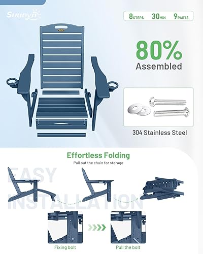 Miniatura 7 de Juego de 2 sillas plegables Adirondack con otomana retráctil, sillas Adirondack de plástico con 2 portavasos, silla de patio resistente a la