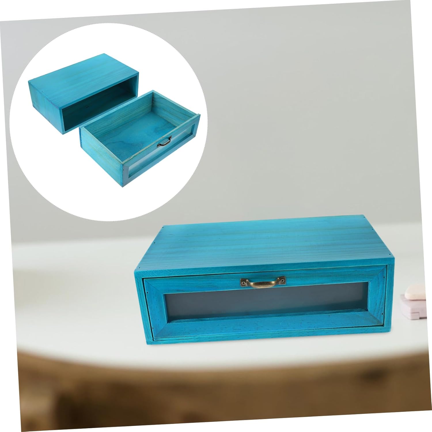 Small Wooden Desktop Organizer Box with Drawer Rustic Cosmetic Storage Holder for Jewelry and Sundries Wood Construction with Smooth Finish Stable Non-tip Design Mediterranean Blue