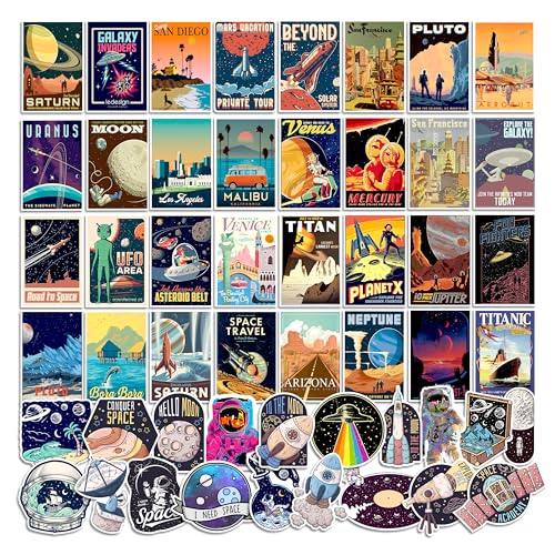 Image of FlyBuyHub Aesthetic Vinyl Journal Stickers for Phone Case, Laptop, Notebook, Dairy, Water Bottle, School Bag, Etc Self-Adhesive Stickers Set of 50 Glossy and Waterproof Stickers (City and Space)