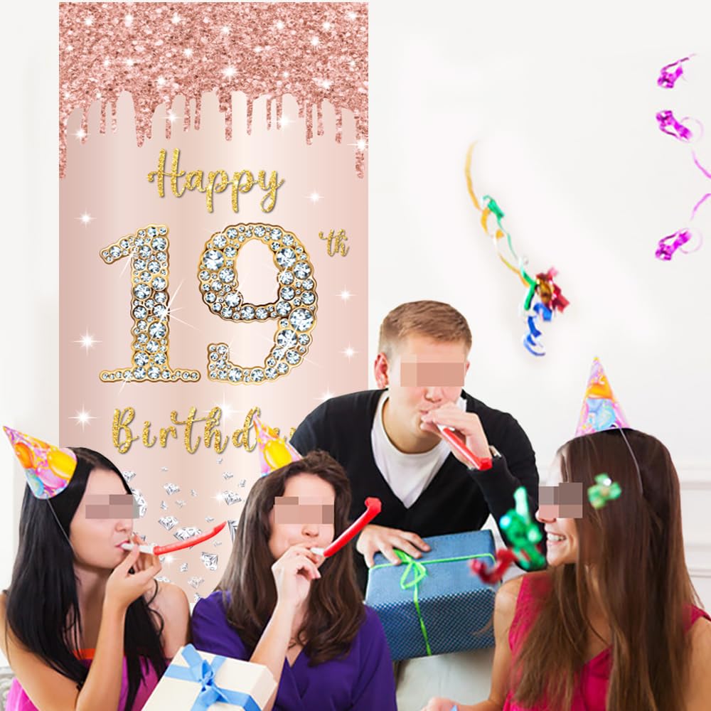Decorazioni Compleanno 19 Anni – Striscione Grande 180x110 Cm In Tessuto Oro Rosa, Per Feste, Foto E Anniversari