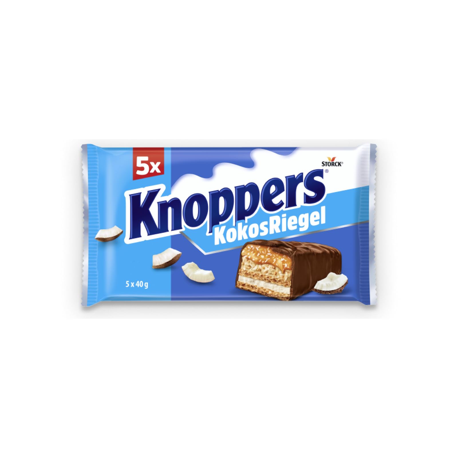 Knoppers KokosRiegel – 1 x 200 g (5 Riegel) – Schokoriegel mit Milch- und Kokoscreme, Haselnüssen, Kokosraspeln, Karamell und Vollmilchschokolade