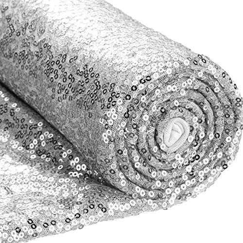 Shimeyao 24 Feet 8 Yard Sequin Fabric by The Yard, Glitter Fabric for Sewing Costumes and Dress Clothing Wedding Backdrop Tablecloth Table Runner Home Decor (Silver)