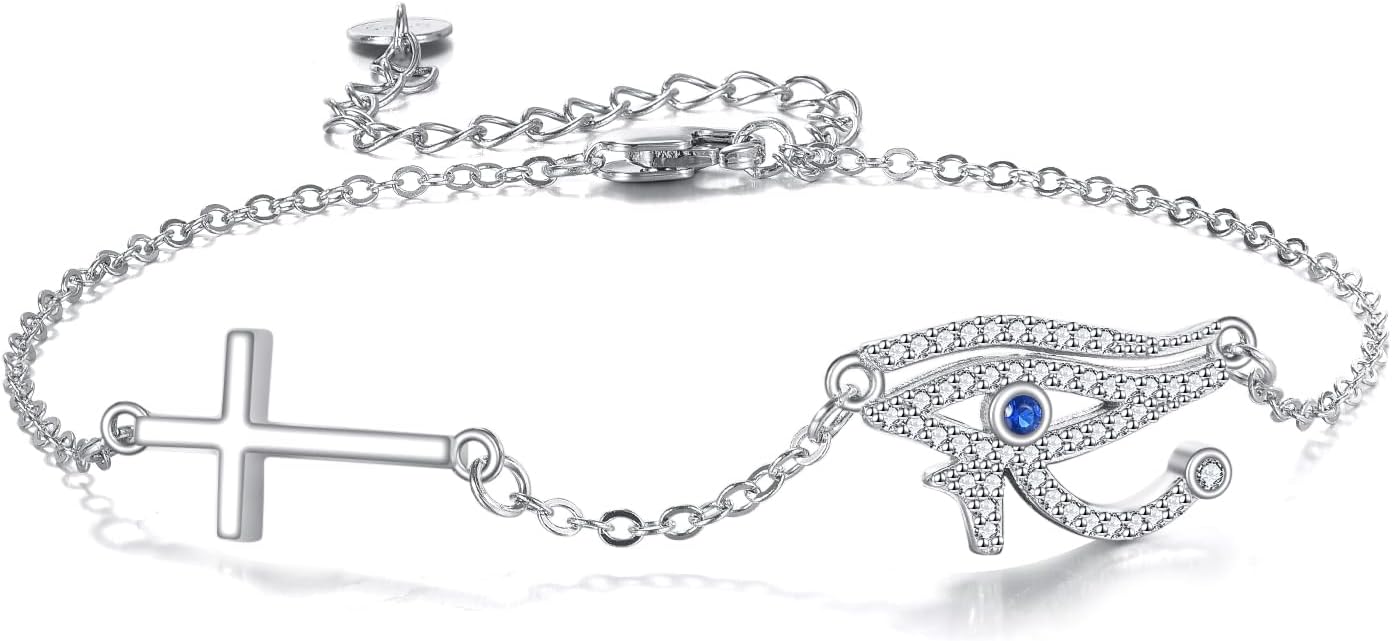 Evil Eye Bracelet 925 Sterling Silver Eye of Horus/Hamsa/Cross/Italian Horn Link Bracelets Blue Evil Eyes Jewelry Gifts for Women