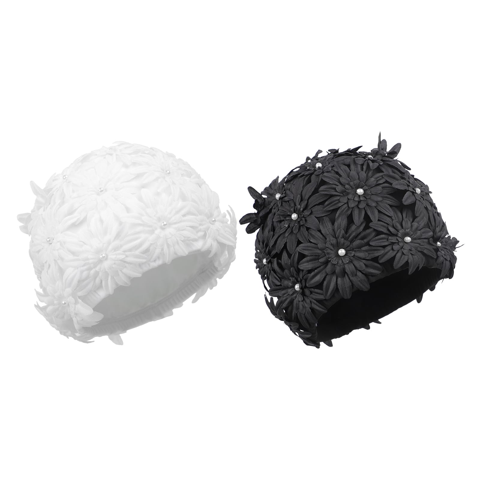 Flower Swim Cap for Women Big Girls Swimming Cap High Elastic Hair Protection Float Spa Swim Hat Water Sports Floral Petal Ladies Bathing Caps for Long Hair, Not Waterproof (2pcs(Black and White))