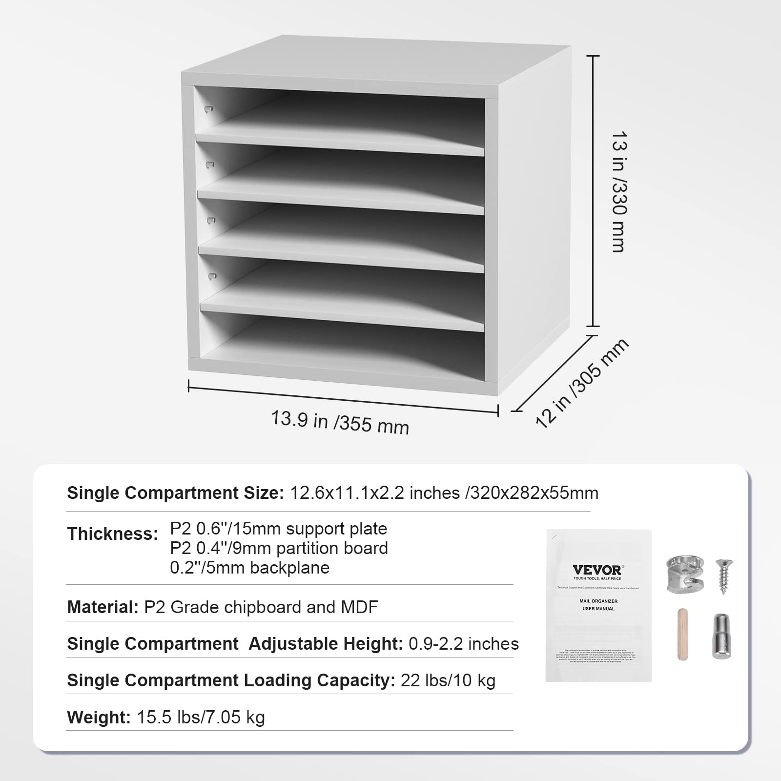 VEVOR Organizador de Literatura de madera Aglomerado Estante de Almacenamiento de Documentos de 5 Compartimentos 35,5x30,5x33 cm Clasificador de Literatura con Estantes Ajustables para Oficina, Blanco