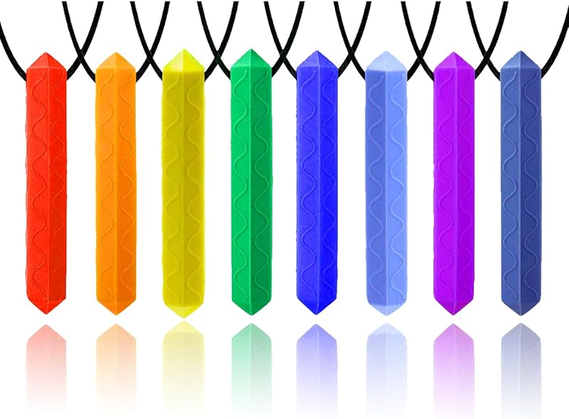 Collar para masticar sensorial, paquete de 8 collares para masticar con diamantes para niños sensoriales, hechos de silicona de grado alimenticio para autistas, TDAH, motricidad oral, niños y niñas (color arcoíris)