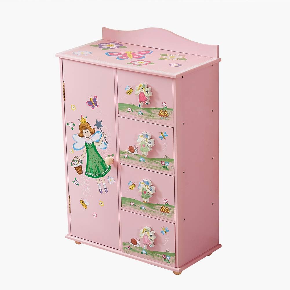 WODENY Kids Wardrobe Bedroom Cabinet Storage Children Cupboard Organizer 4 Units Fairies Flowers Butterfly Honeybee Paintings Pink