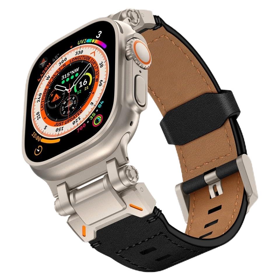 Bracelet montre connectée 45 mm cuir véritable et coque noire