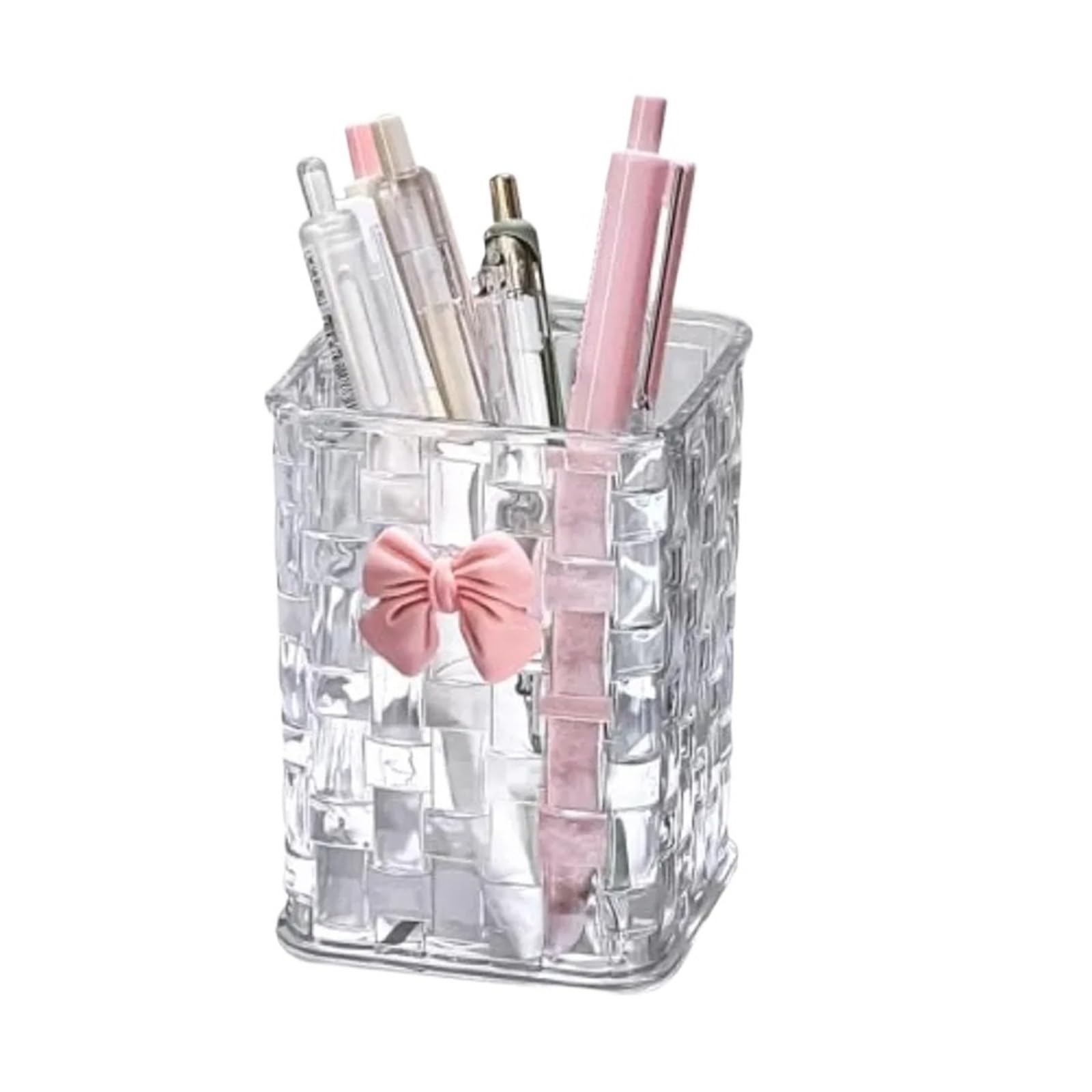 WEOKDFHA Clear Pencil Holder Clear Pen Holder for Desk, Pencil Organizer Makeup Brush Cup Holders with Bow Accessories