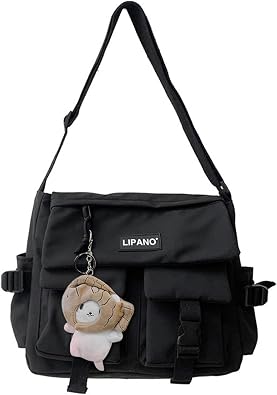 JQAliMOVV Nylon Messenger Bag Aesthetic Kawaii Bags with Doll Pendent Cute Japanese Messenger Bag for School