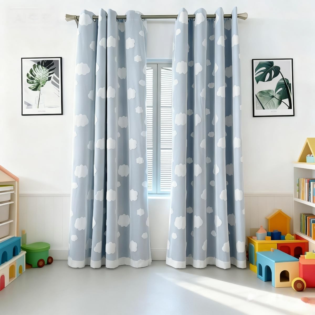 Amidoudou 1 Pair 3D Cartoon Cloud Double Layer Blackout Curtains for Kids Room Embroidered Curtains for Living Room and Children Curtains (Blue,54x96 Inch)