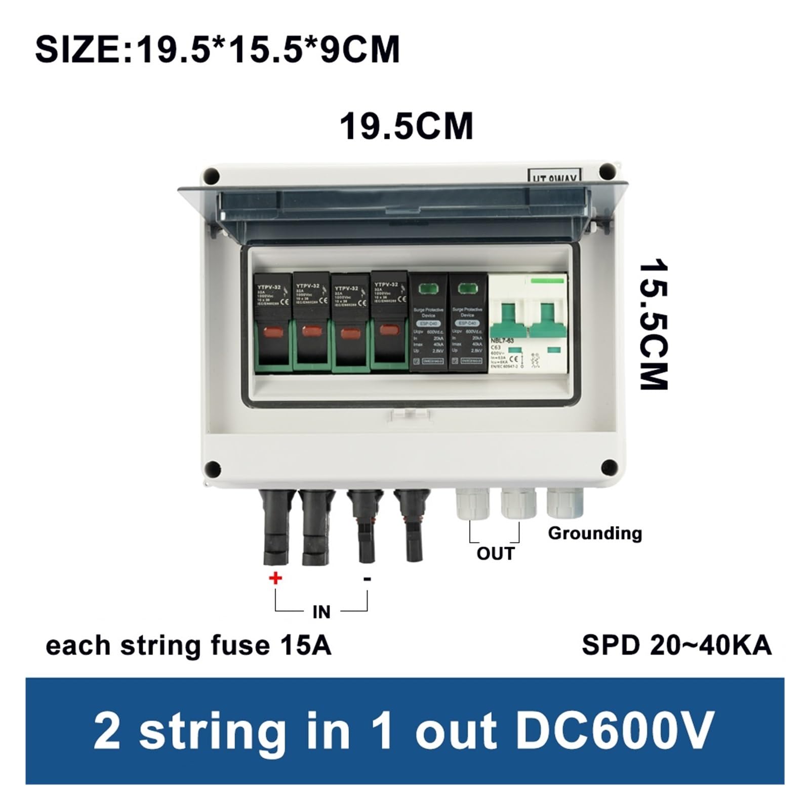 RWRAPS Scatola combinatrice DC Impermeabile for Esterni 2 Stringhe 2 ingressi 1 Uscita 600 V IP65 PV Protezione Contro Le sovratensioni solari