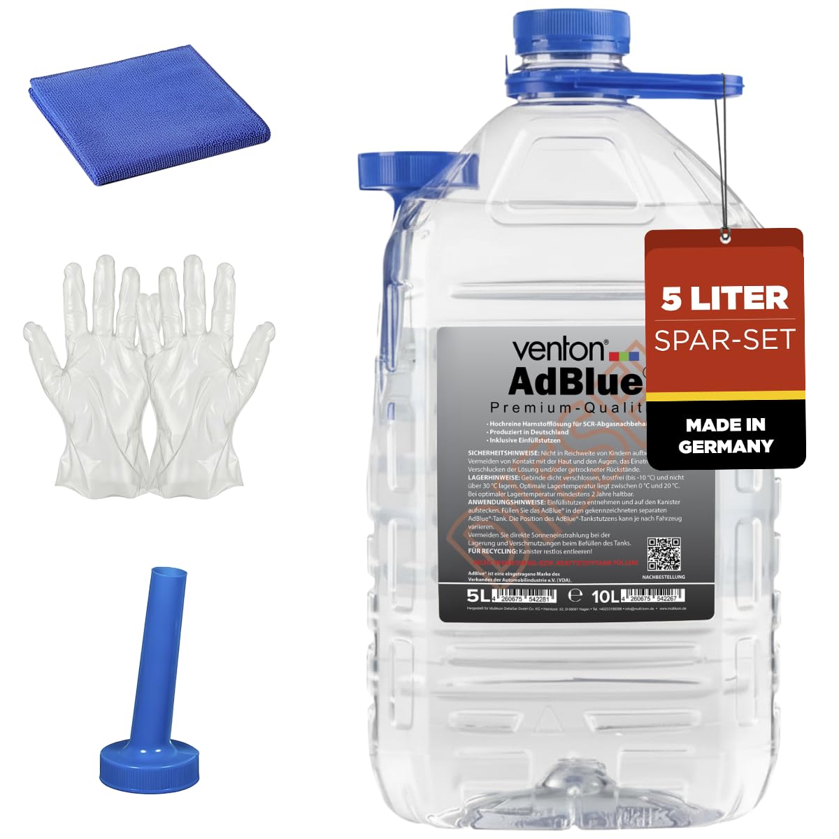 Zestaw 5 l: Venton 5 l Adblue + ściereczka z mikrofibry + 2 x rękawice + lejek, 5 litrów Ad Blue [Made in Germany] dodatek do silnika diesla, roztwór mocznika, kanister 5 l, dodatek do oleju